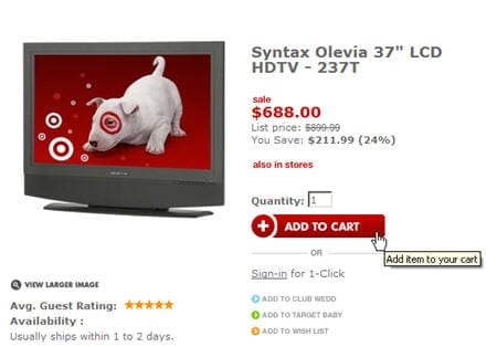 Target.com toont een krachtige Dikke Vette Druk Knop op haar productpagina ‘add to cart’. Daaronder toont de website enkele minder opvallende opties, waaronder ‘add to wish list’.