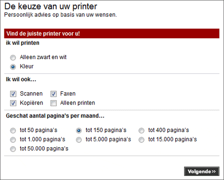Screenshot 1 van productkeuze wizard