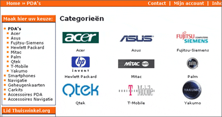 Screenshot van de homepage van een PDA-winkel