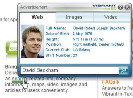 In-text advertisement met tabs en zoeken van Vibrant Media