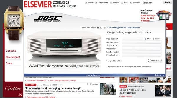Elsevier toont expandable banners van Bose en Cartier op de homepage