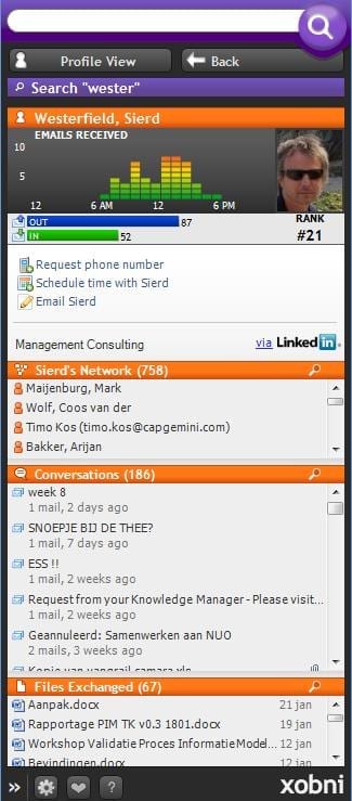 Xobni afgesteld om mails van een collega te bekijken.