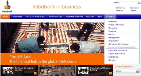 rabobank MVO-communicatie ontsloten onder het hoofdnavigatie onderdeel ‘About us’ op de corporate website van Rabobank