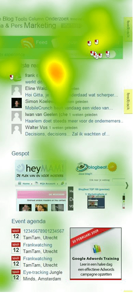 Afb. 5: Triggers in de rechterkolom leidden nauwelijks tot doorklik Afb. 5: Triggers in de rechterkolom leidden nauwelijks tot doorklik. N.b:. zie muis-iconen op de heatmap