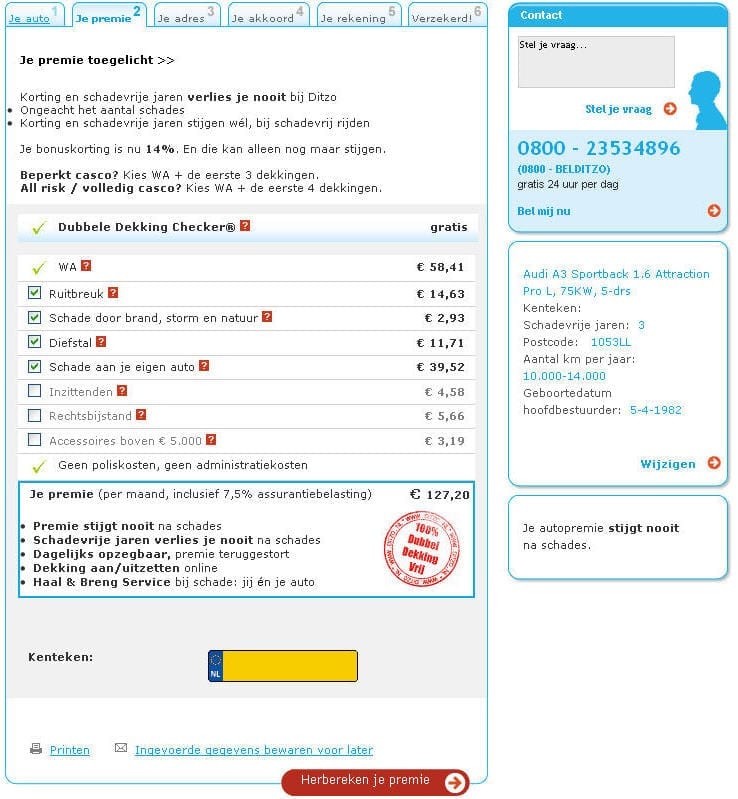 Ditzo-funnel Ditzo geeft de stappen inzichtelijk weer,de voordelen op een rij, een geruststellende boodschap “Je autopremie stijgt nooit na schade”, een chat functie waardoor de bezoeker ervaart dat hij direct hulp krijgt mocht dat nodig zijn, hulpteksten en één duidelijke call-for-action.