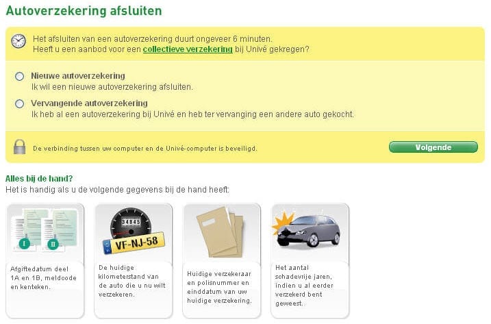 Unive-voorafgaand-aan-funnel Univé geeft duidelijk aan hoe lang het afsluitproces duurt, welke benodigdheden vereist zijn en er is maar één call-for-action.