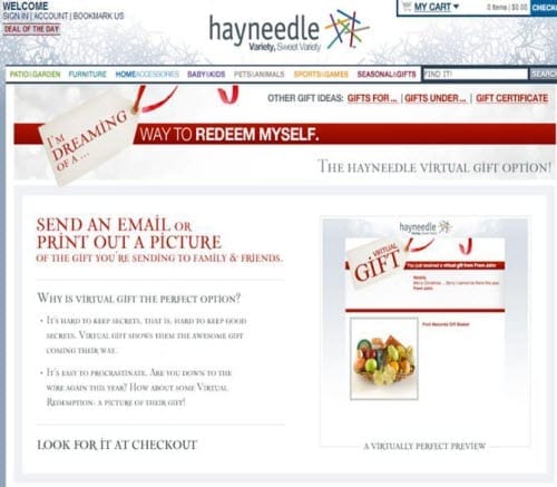 Bij Hayneedle kan de klant een afbeelding van zijn aangeschapte cadeau doorsturen
