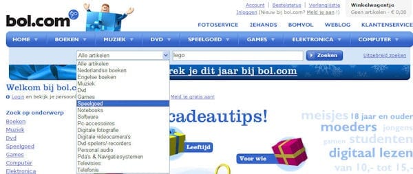 Screenshot: In de zoekbox van bol.com kun je de resultaten op voorhand beperken.