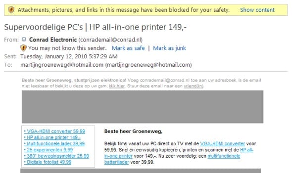 Conrad e-mail in Hotmail