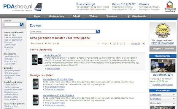 Screenshot pdashop.nl, zoekterm: witte iPhone