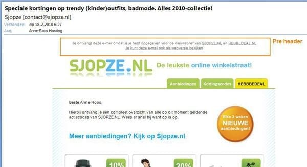 2. Pre header Nieuwsbrief SjopZe Figuur 2. Pre header in een e-mail nieuwsbrief