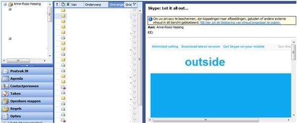8. Skype afbeeldingen niet geladen Geblokkeerde afbeeldingen zorgen ervoor dat de boodschap van de Skype mail totaal niet overkomt in het preview pane