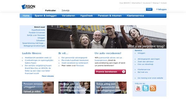 Corporate website van Aegon Aegon.nl toont prominent links naar hun Youtube en Twitter accounts