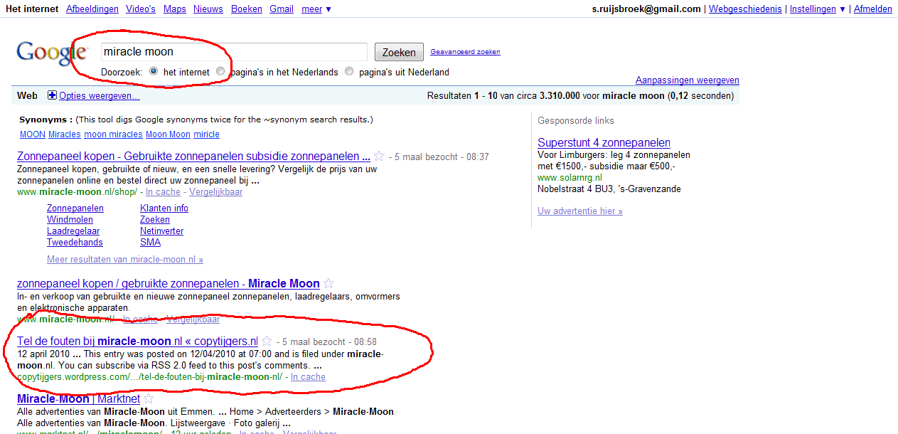 Miracle Moon op positie drie in Google