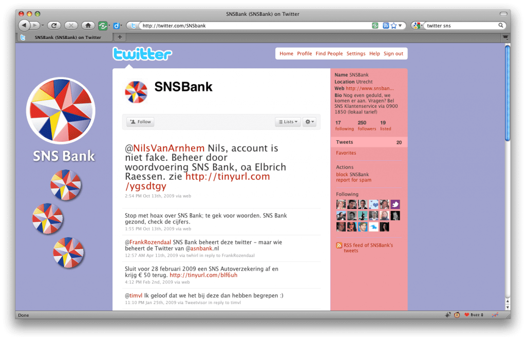 Twitter pagina van SNS