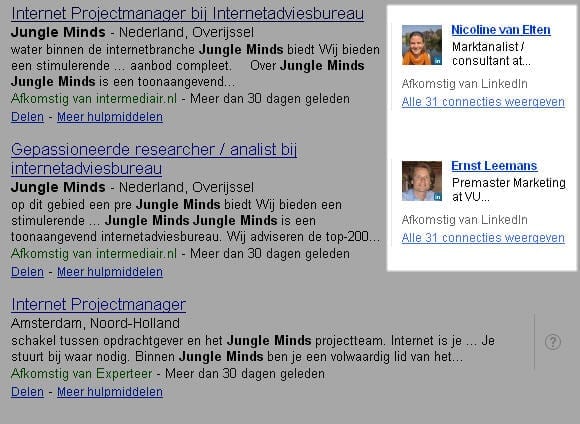 In het vacature-overzicht is direct inzichtelijk wie uit mijn zakelijk netwerk bij het betreffende bedrijf werkzaam is.