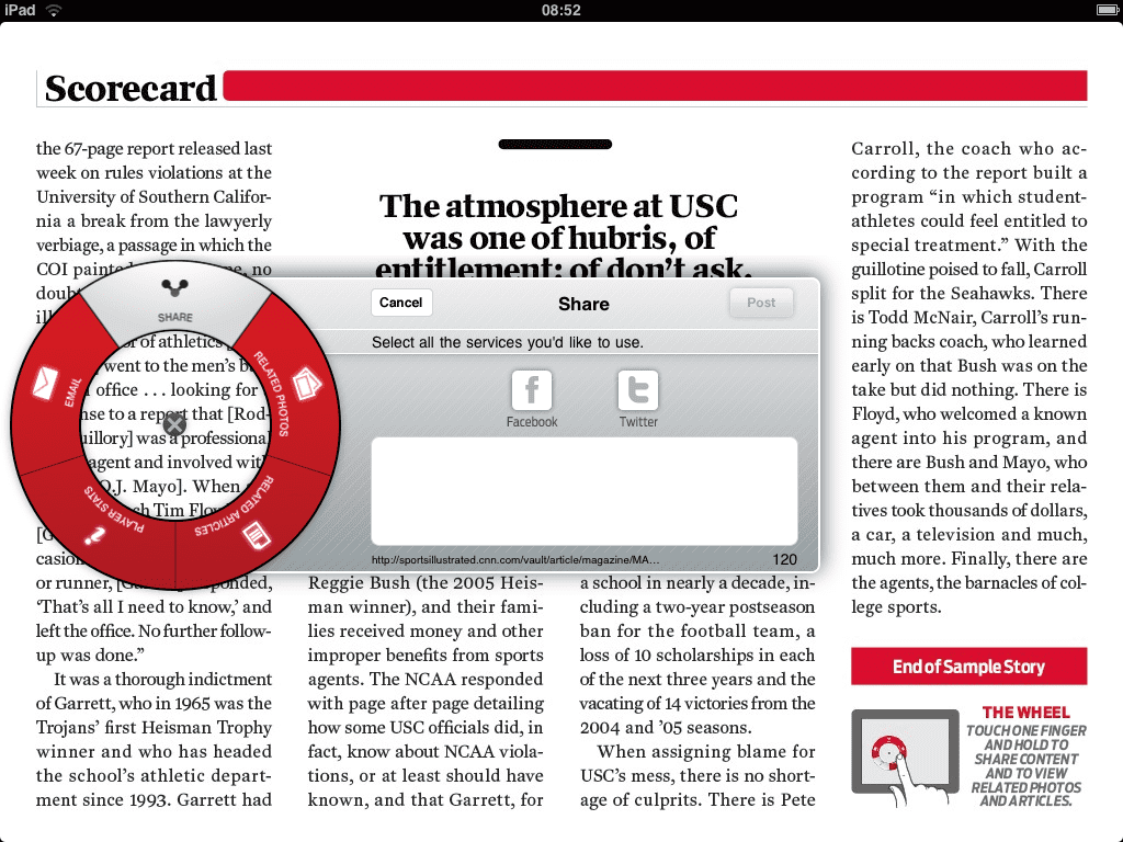 Content delen Sports Illustrated iPad.png Zo deel je een artikel in de Sports Illustrated iPad-app via Twitter of Facebook