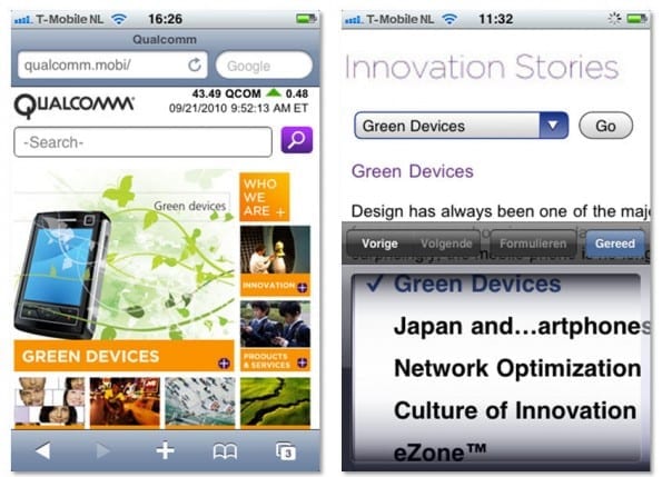 De mobiele website van Qualcomm