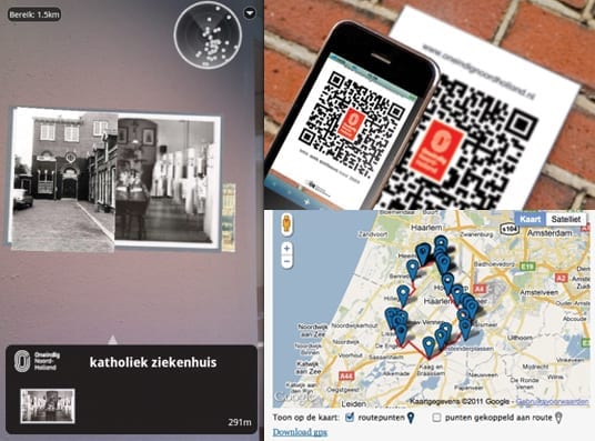Schermweergaves van de layar-applicatie, de qr-code en een fietsroute.