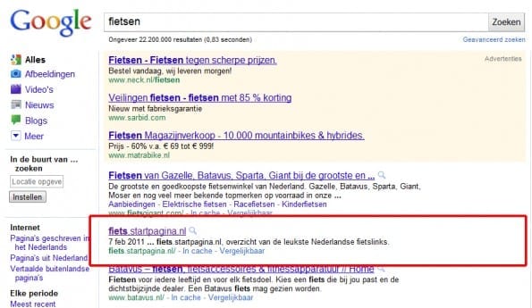 Voorbeeld SERP met startpagina