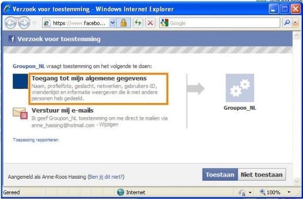 Groupon - facebook login met toegang