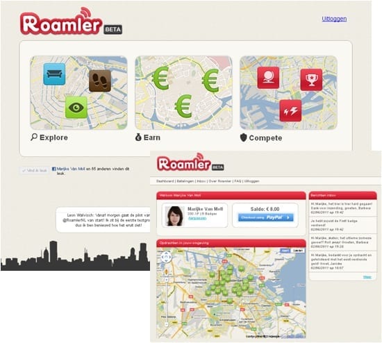De website van Roamler(beta versie)met inlogomgeving