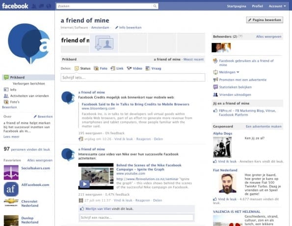 Standaard Facebook pagina back-end