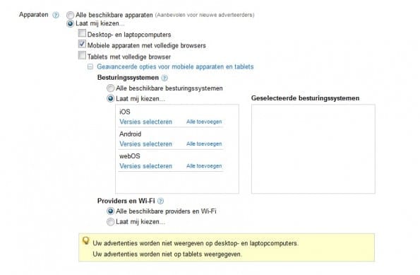 Instellingen mobiele campagne