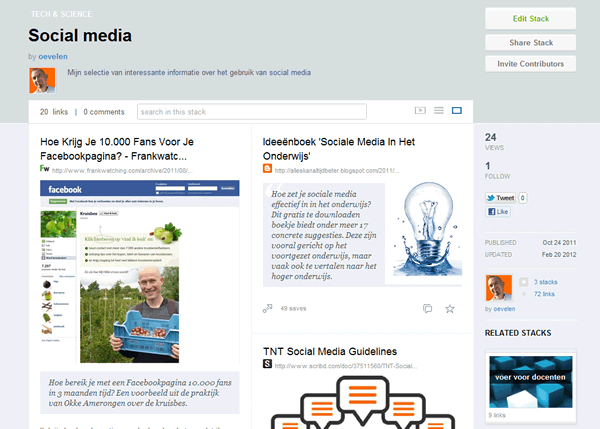 Voorbeeld van een Delicious stack over Social media