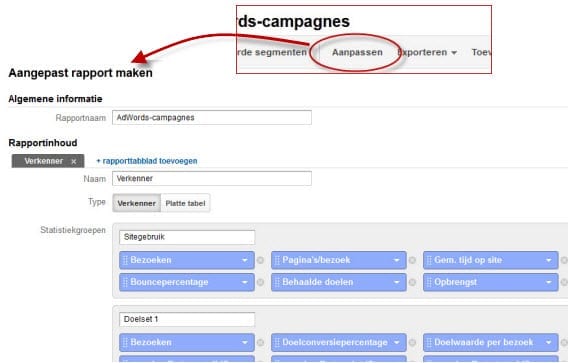 standaard rapport aanpassen in Google Analytics
