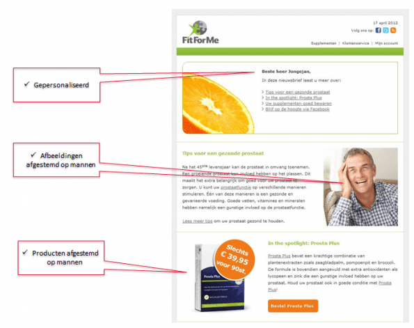 productgerichte e-mail gesegmenteerd op basis van geslacht