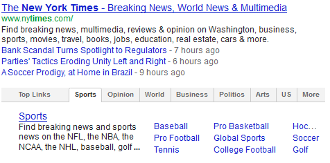Hier ziet u de tabbed sitelinks voor de New York Times