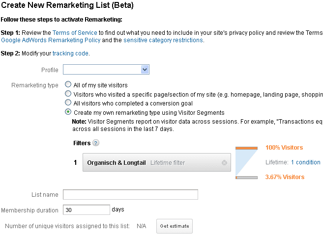 Create New Remarketing List