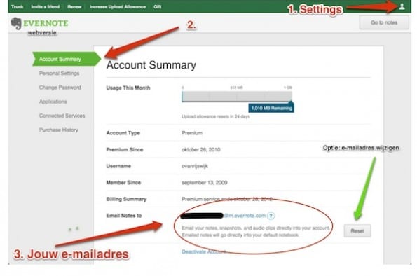 e-mails naar evernote met je eigen e-mailadres