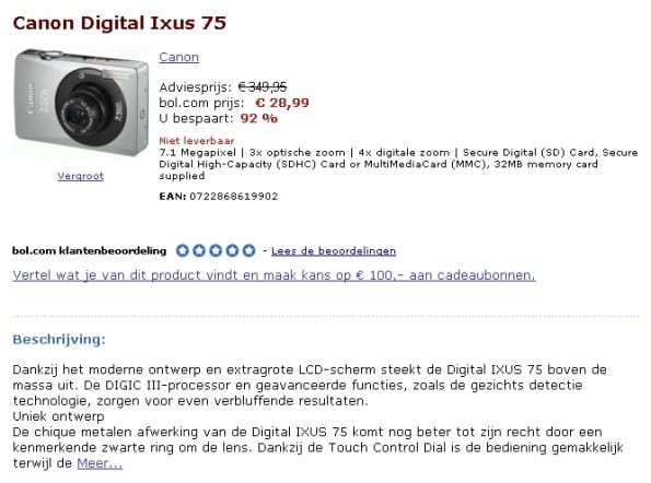 Canon Digital Ixus 75 92% korting Canon Digital Ixus 75 92% korting