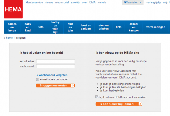 Positief bij de HEMA is dat de klant kan aanvinken of hij wel of niet een account wil. Je kunt je echter afvragen of de klant op dit punt gaat lezen wat alle voordelen zijn van het maken van een account, eerst maar eens kijken of de bestelling lukt. Verder maakt dit ontwerp niet duidelijk wat de bezoeker moet doen om een account te maken, dus het vinkje creëert eigenlijk onzekerheid.