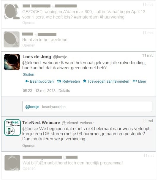 Voorbeeld van reactieve tweet zonder personalisatie, zoals gebruikt in het experiment (de namen van de consument en het bedrijf zijn fictief)