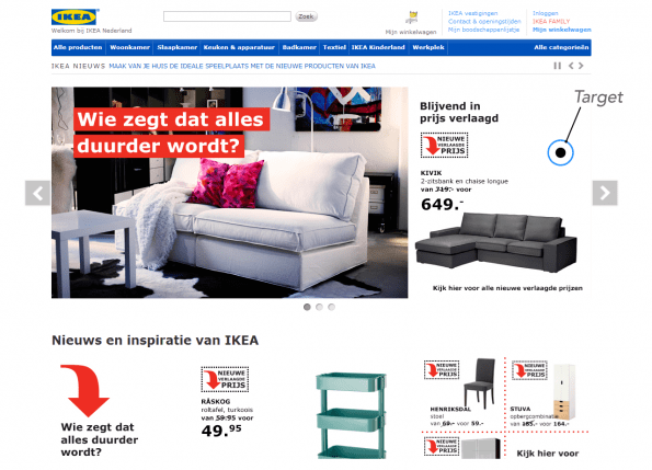 Figuur 2. Voorbeeld van een zoekplaat. In dit geval wordt de Ikea website getoond, met rechts bovenin de pagina een zwarte stip. Gebruikers hadden hierbij de opdracht meegekregen om te zoeken naar deze zwarte stip. In werkelijkheid was de zwarte stip kleiner dan hier is aangegeven, ook ontbrak de blauwe ring en de tekst ‘Target’. In slechts 40 procent van de gevallen werd daadwerkelijk een target getoond, in de overige 60 procent werd geen target getoond, zodat gebruikers de volle 45 seconden bleven zoeken.