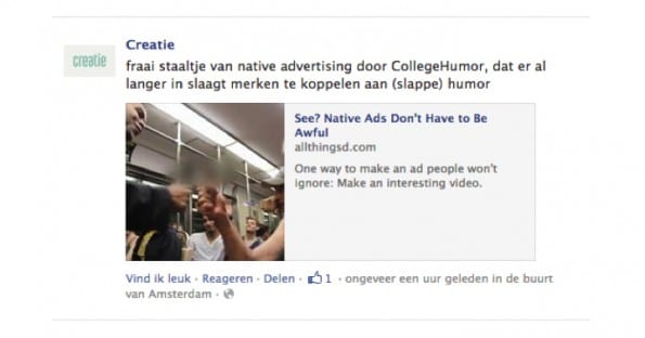 Facebookpost van Creatie - Een fraai staaltje Native Advertising van CollegeHumor