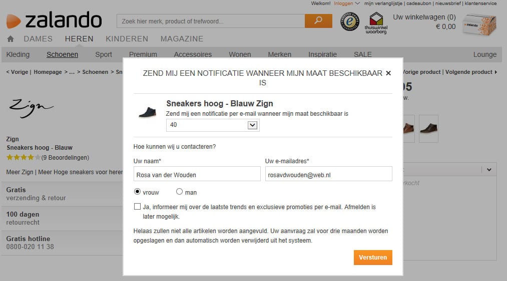 zalando uitverkocht product