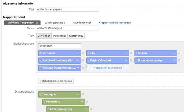 voorbeeld meerdere tabbladen aangepaste rapporten