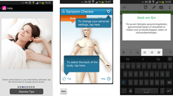 Voorbeeld van de schermen van de introducties van White Noise Lite, WebMD en Evernote die tijdens de usability test gebruikt zijn.