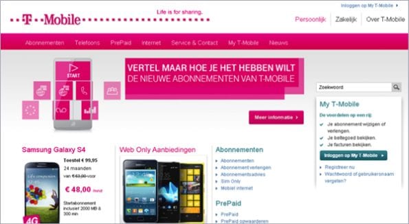 De oude homepagina van T-Mobile