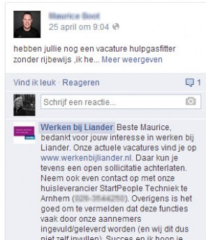Liander reageert snel en goed op recruitment vragen die via Facebook worden gesteld