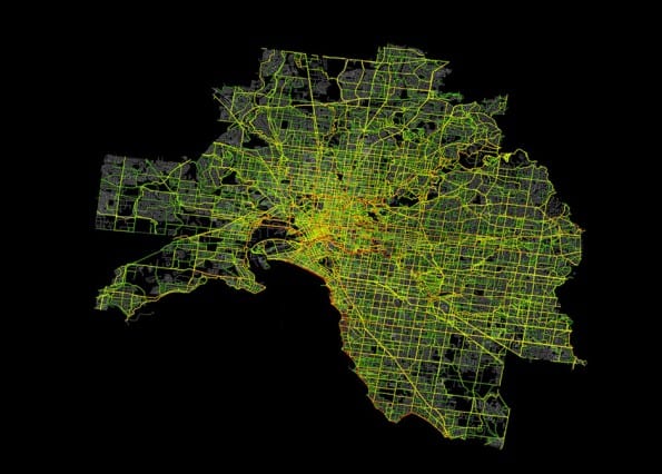 Heatmap van Strava Metro. Data van hardloop en wielrenroutes in de stad Melbourne