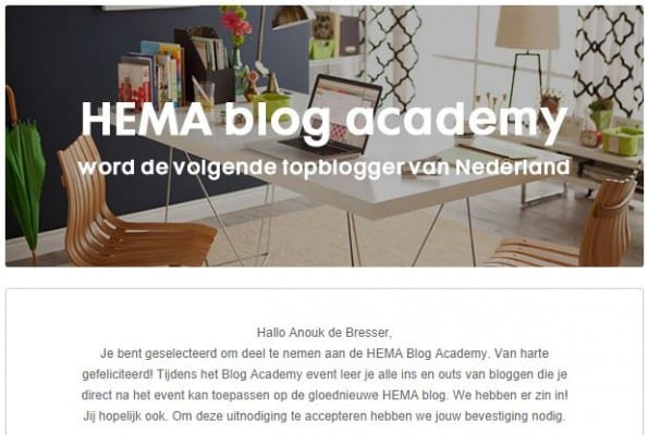 Weergave van de uitnodiging voor het Hema Blog Academy Event