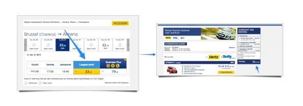 Verrassingskosten zijn een echte conversion killer. Een Ryanair vlucht van 33,99 EUR blijkt uiteindelijk 55,07 EUR te kosten als je bagage incheckt en met Paypal betaalt.