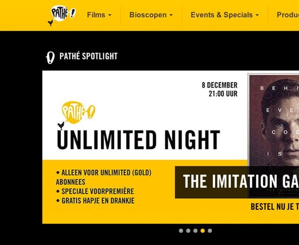 Pathé gebruikt rechte hoeken in het webdesign.