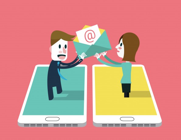 A girl sent email to A man on smartphone. social networking