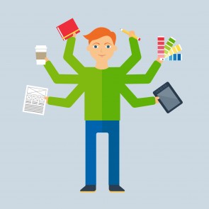 Multitasking character: designer. Flat style, vector illustratio